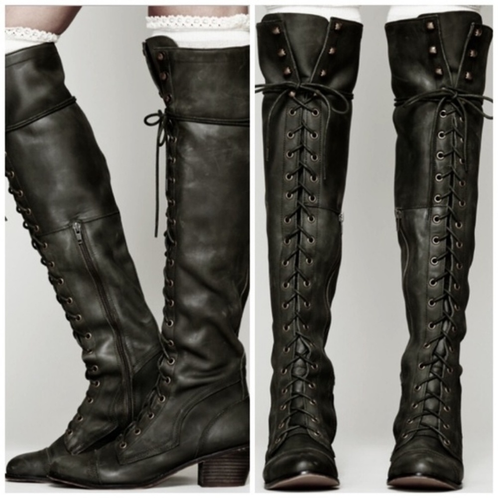 NEW Free People Lace Up Joe Boots Black Leather